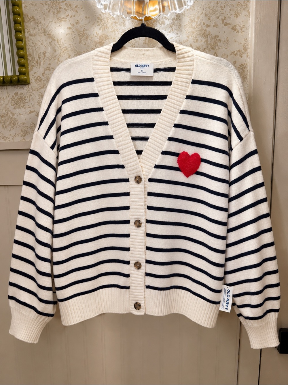 Old Navy Cream & Navy Striped Cardigan with Red Heart Patch - Picture 1 of 3